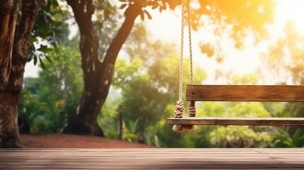 Naklejka premium Sunlit Park Scene With A Wooden Swing Hanging From A Tree Branch