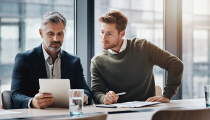 Two male corporate executives, a CEO and a manager, reviewing a tablet and documents during an intense meeting, concept for business strategy, corporate finance and technology consultation