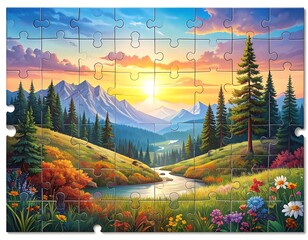 Jigsaw puzzle golden sunset over mountain valley, river winds between grassy hills, with colorful flowers in foreground