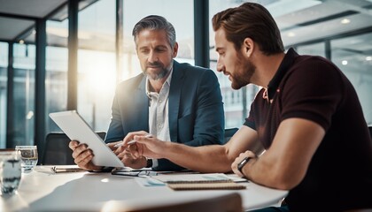 Two professional business executives review data on a tablet in a sunny, modern boardroom, concept for financial planning, technology integration and corporate strategy