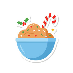 Fototapeta premium Christmas Cookie Dough in Blue Bowl with Candy Cane and Holly.