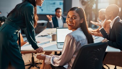 Happy young female executive smiling at the camera during a dynamic business meeting with diverse colleagues, concept for successful collaboration, corporate presentation and executive portraiture