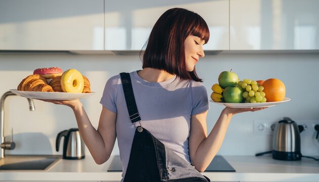 Young woman comparing healthy fruits and sweet pastry donuts on two plates in a bright modern kitchen, concept for healthy lifestyle, nutrition advertising and decision making