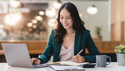 Fototapeta premium Cheerful Asian business executive taking notes while using a laptop on a white office desk with bright bokeh lighting, concept for corporate productivity, financial success and professional motivation