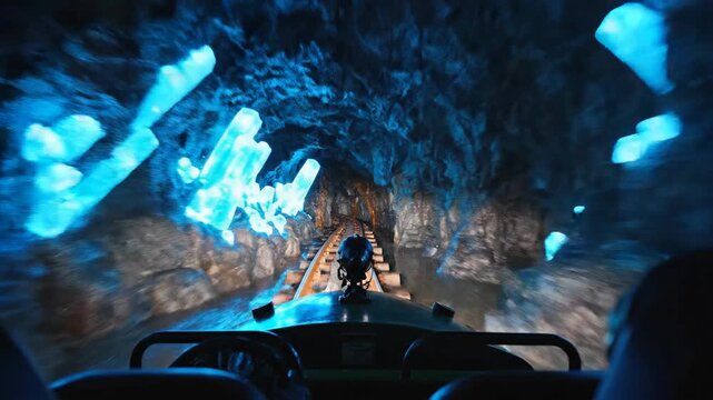 Roller coaster ride through a dark tunnel.