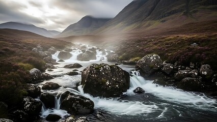 Misty Scottish Highlands River Landscape.