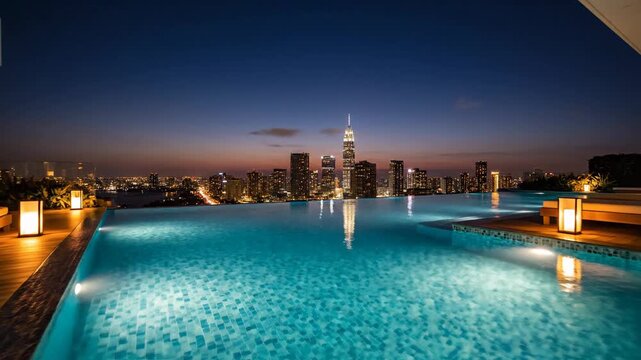 Rooftop pool overlooking a city skyline at dusk, with ambient lighting and lounge chairs