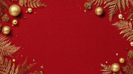 Festive arrangement with golden baubles, and ornate foliage against a rich, red textured background. A warm, decorative holiday motif