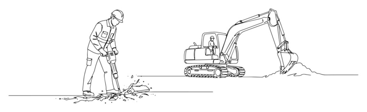 construction worker jackhammer line art vector illustration