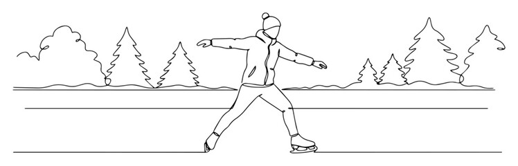 Obraz premium figure skater on frozen lake line art vector illustration