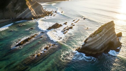 Dramatic Coastal Cliffs and Turquoise Ocean Waves at Sunset.