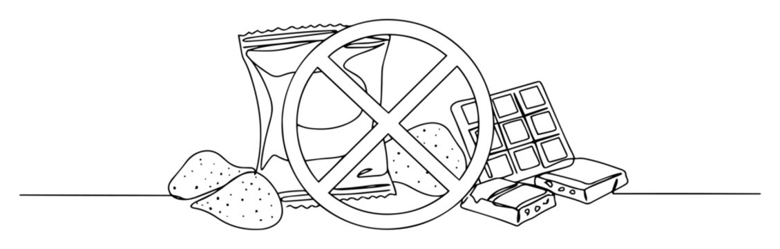 one line drawing of no junk food and sweets sign