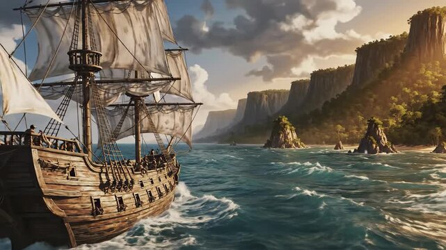 Sailing ship near island cliffs.