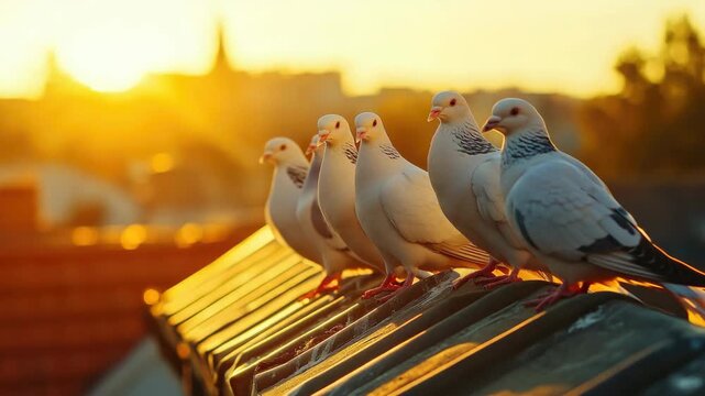 Peaceful flock of pigeons silhouetted against the sky during sunset, perched on a rooftop overlooking cityscape.