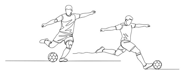 Two soccer players kicking ball in continuous line art
