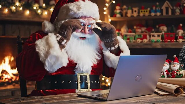 Santa Claus video call with laptop.