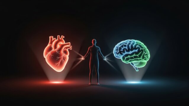 Heart versus mind decision concept symbolizing emotional and logical choices