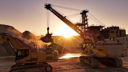 Two large excavators work diligently at a construction site, where the sun sets in the background, casting a warm glow on the machinery. The excavators and sunset create a dynamic industrial scene.