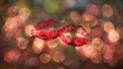 Two bold, red lip prints superimposed on a blurred background of warm, shimmering light circles. Suggests intimacy, romance, and affection in a soft focus
