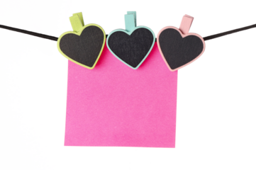 valentines day pink paper note with heart shape clips isolated on white background