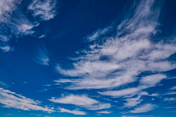 Bright blue sky filled with delicate, soft clouds making a serene afternoon setting
