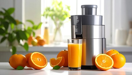 Juicer, oranges, and juice on white table against blurred window. Fresh and bright composition
