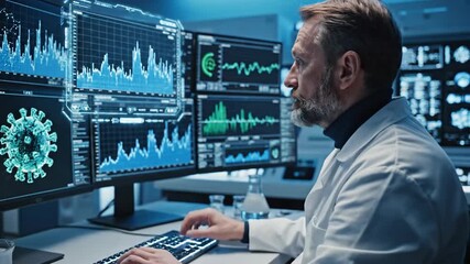 Scientist examines data on monitors, with virus illustrations. Lab coat and glasses. Medical analysis - Powered by Adobe