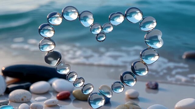 Glass Droplet Heart on Beach Seaside Romantic Scene.