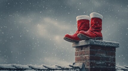 Cozy scene featuring vibrant red boots resting on a brick chimney, with softly falling snow and a moody winter sky