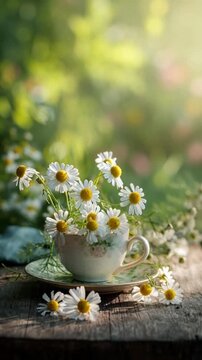 Fr&uuml;hlings-Chamomilebl&uuml;ten in Teetasse im Garten