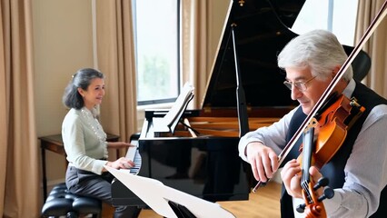 Duo Performing Classical Music with Piano and Violin in Cozy Indoor Setting