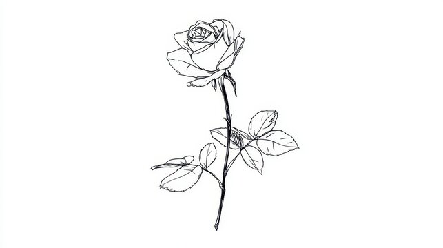 Delicate pencil sketch of a rose bloom with stem and leaves against a clean white background. Realistic drawing style - Powered by Adobe