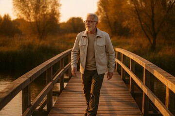 Elderly man in casual clothing walking on a wooden bridge during sunset in autumn.
