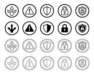 Security and Protection Line Icons Set: Set of shield, lock, and warning icons in filled and outline versions representing safety, protection, and cybersecurity.