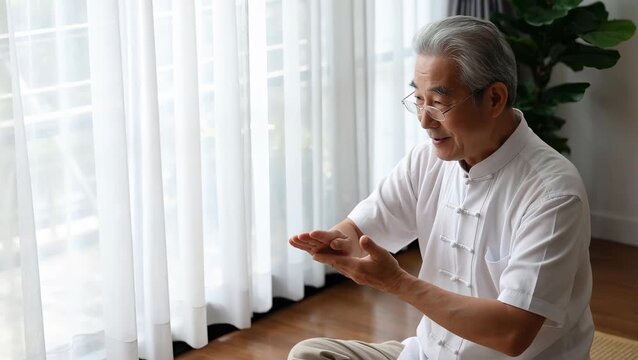 Elderly Asian Male Practicing Tai Chi in Natural Light