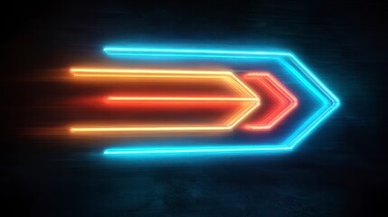 Glowing neon arrow design with a sense of motion, featuring a layered three-dimensional effect and a dark, textured background