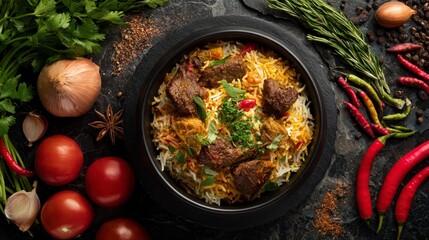 Overhead shot of a bowl filled with seasoned rice and chunks of meat, garnished with fresh herbs and colorful spices