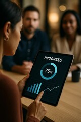 Businesswoman holding tablet with progress chart during meeting, reviewing analytics dashboard with colleagues in background.