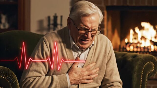 Senior man with chest pain near fireplace.