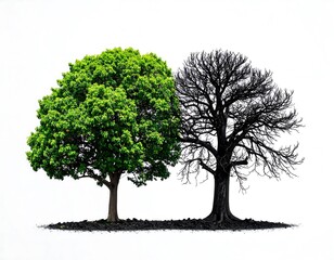 Juxtaposed a vibrant, green tree stands beside a stark, bare tree on white background