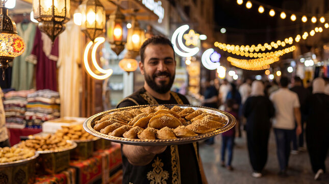 Man holding a tray of qatayef while celebrating Ramadan in a vibrant night market