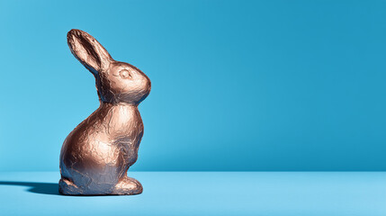 Chocolate Easter bunny figurine on a vibrant blue background, perfect for holiday celebrations and festive promotions.