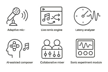 Innovative Audio Icons. Line style icons of real-time audio innovation: adaptive microphone system, live remix engine, latency