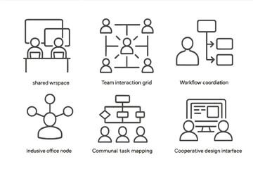 Collaborative Workspace Icons. Line style icons of collaborative environment planners: shared workspace overlay, team interaction