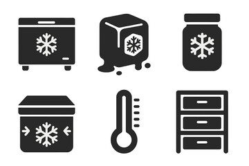 Frozen Ecosystem Icons. Solid style icons of frozen ecosystem preservation: storage freezer, ice block, sample jar, insulated box,