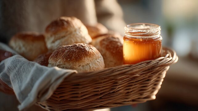 A basket of bread and a jar of honey - Powered by Adobe