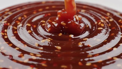 Rich glossy and savory dark sauce infused with toasted sesame seeds gracefully pours and swirls creating mesmerizing ripples on a smooth surface highlighting its thick texture and delicious appeal fo.