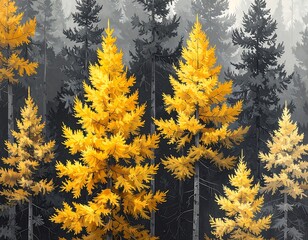 Illustrative forest scene with golden trees in the foreground and grey trees in the background