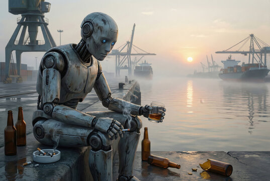 Burned out humanoid AI robot on a concrete dock at sunrise, smoking and drinking, overwhelmed by absurd and meaningless human demands, modern existential crisis