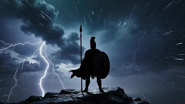 Silhouette of a warrior with spear and shield on a rock, set against a stormy, lightning-filled sky